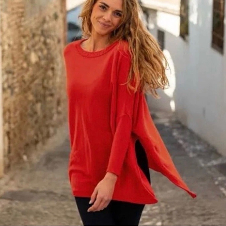 Mer Sea & Co Catalina Sweater Women Red Oversized Knit Tunic Side Slits One Size